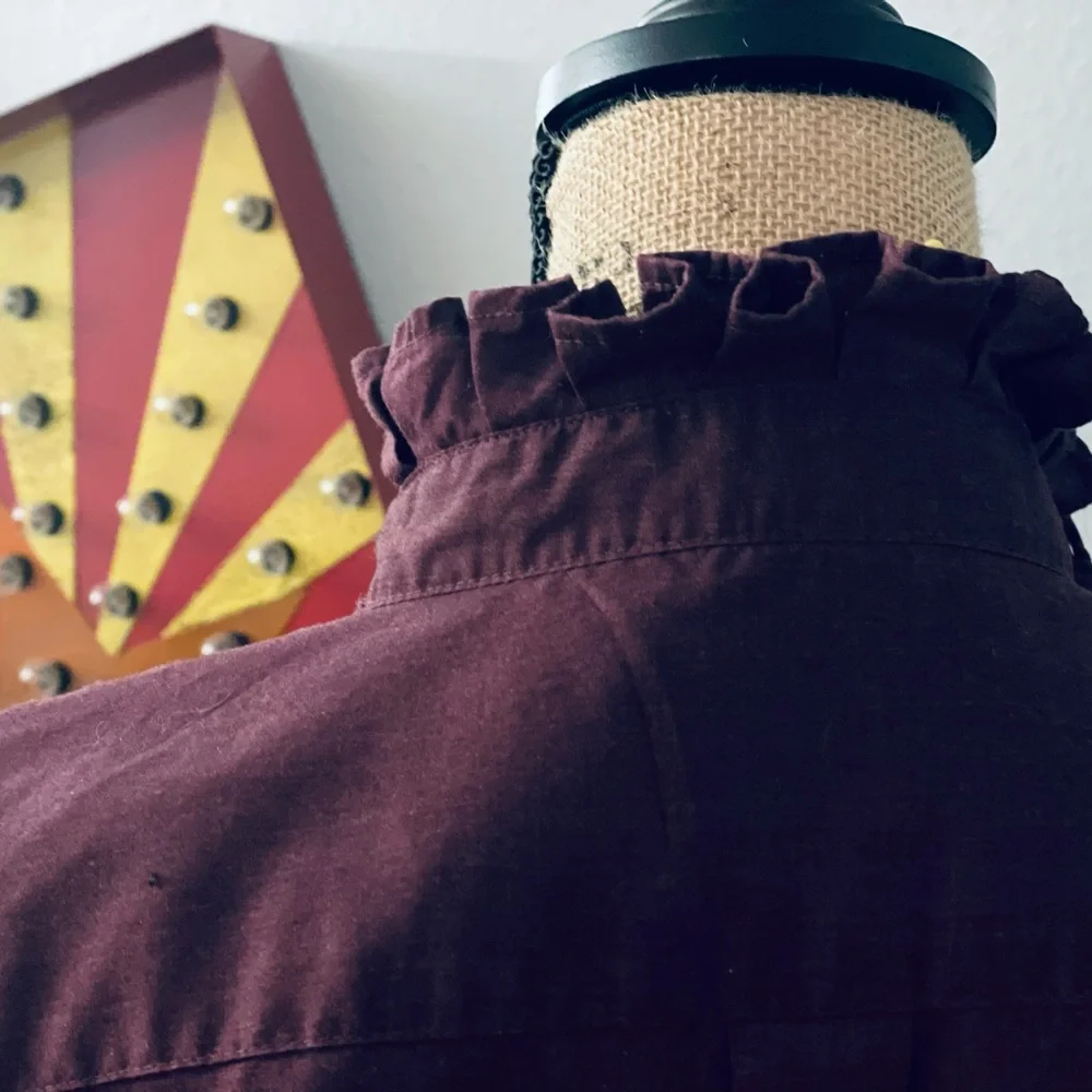 Redid, Redone and Reworked Mens to Ladies Maroon Ruffle Collar Long Sleeve Shirt - Picture 7 of 8